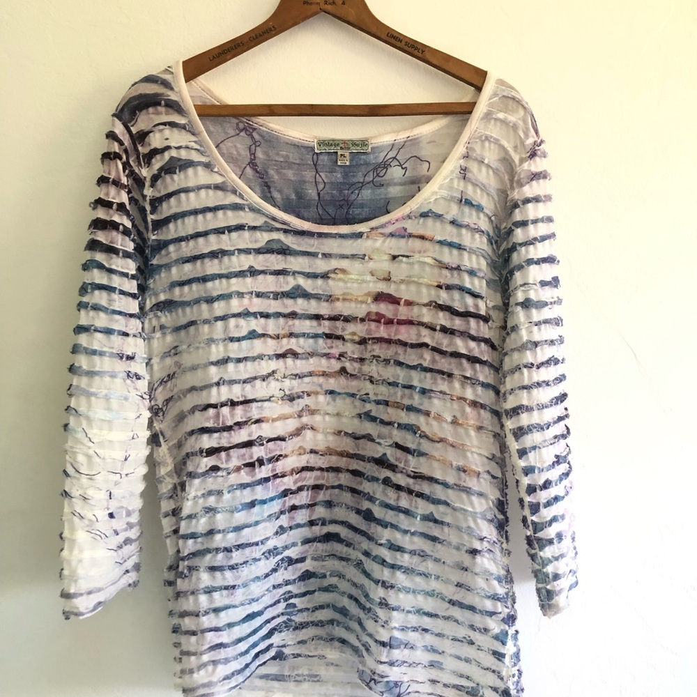 Vintage Suzie Petite Blouse Women's Size Petite L 3/4 Sleeve Multicolor Artsy
